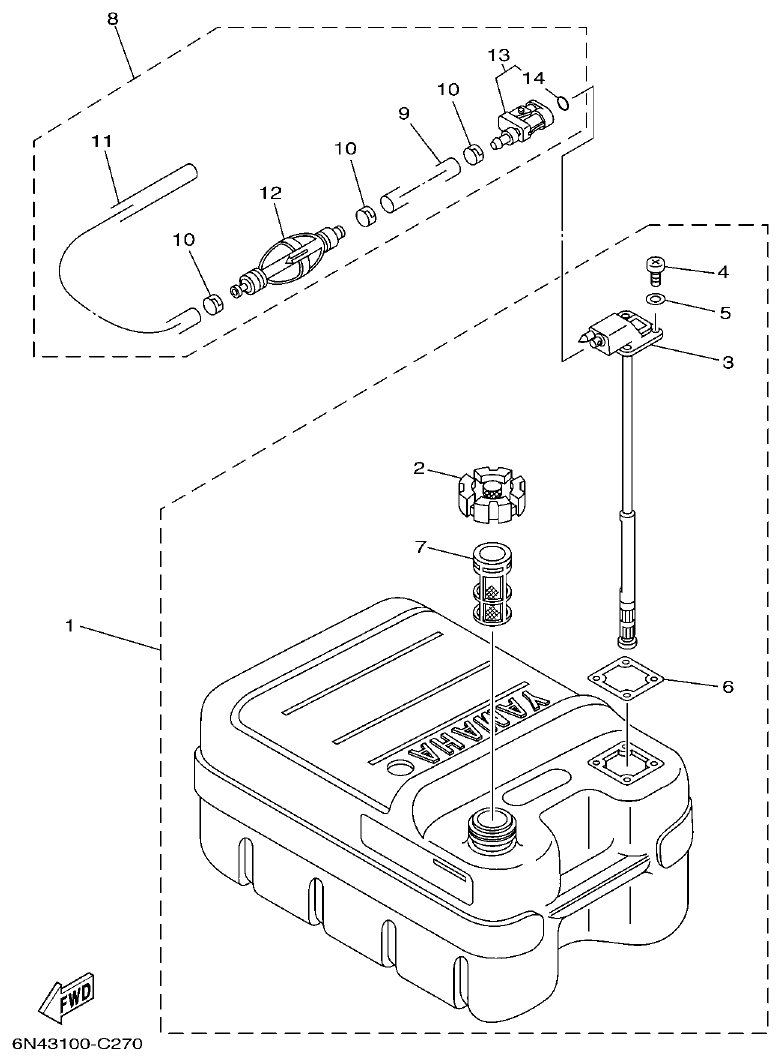 Yamaha F115TR, LF115TR, F115AET, FL115AET FUEL TANK 1 parts diagram